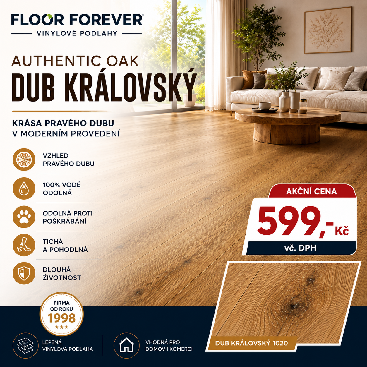 Lepená vinylová podlaha Authentic Oak Dub Královský 1020