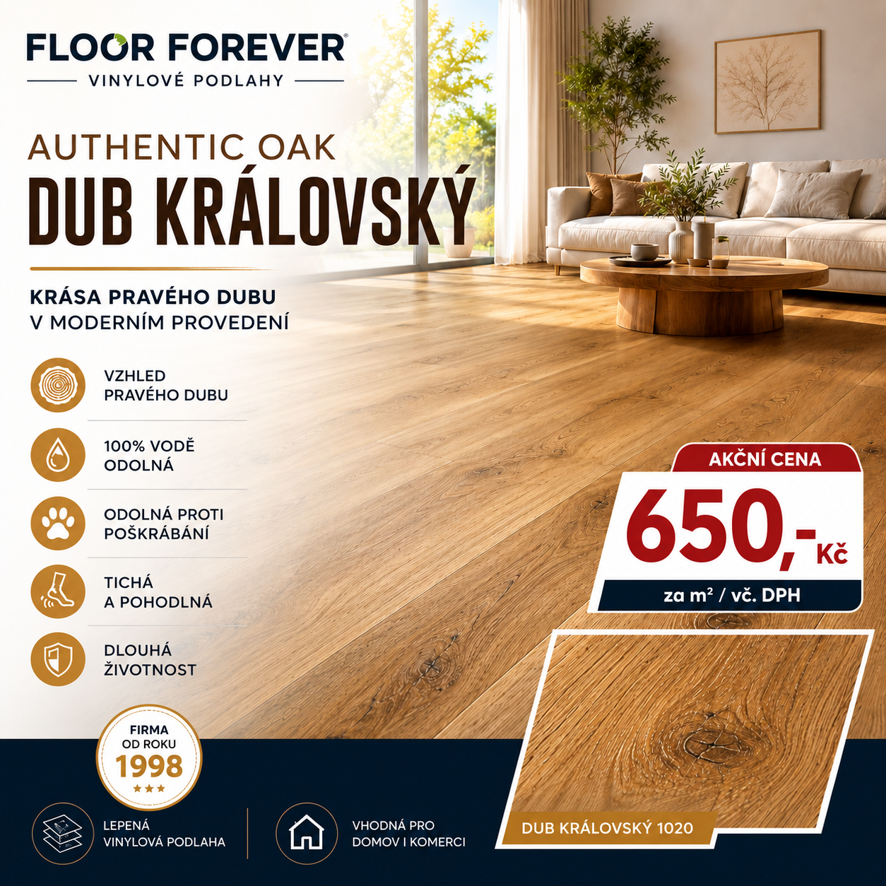 Lepená vinylová podlaha Authentic Oak Dub Královský 1020